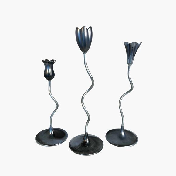 Partylite Trio of Dancing Flowers Slim Candle Holder Sticks Silver Metal-Retired - Picture 1 of 15
